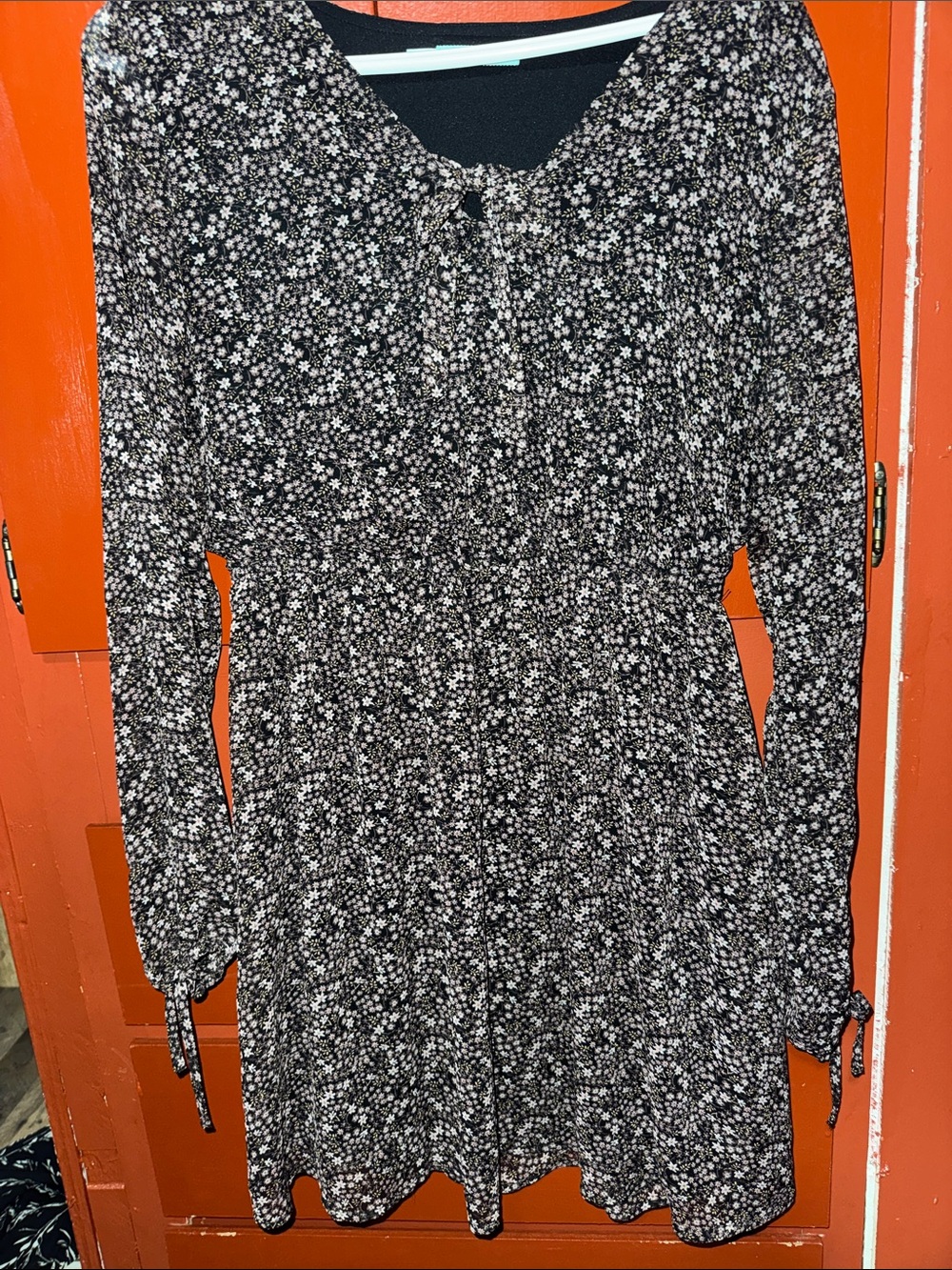 Maurices Black Floral Tie-Neck Long Sleeve Midi Dress